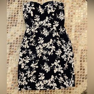 Navy Blue Strapless Dress with White Floral Print Size Small
